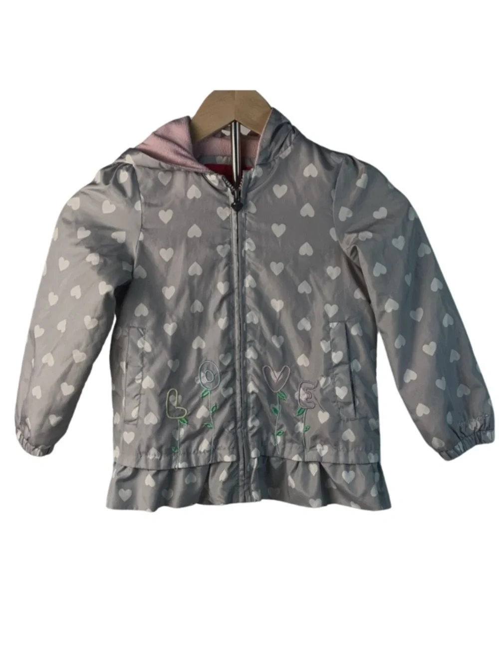 London Fog Gray Heart Pattern LOVE Embroidered Girls Raincoat 5-6 M Fall Travel